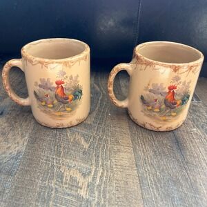 Casey Pottery Marshall Texas Rooster Stoneware Mugs Set of 2 Tan Spongeware Trim